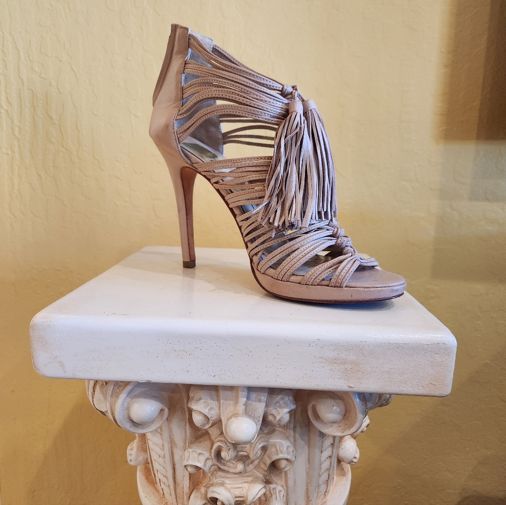 Dolce Vita Taupe Fringe Strappy High Heel Sandal